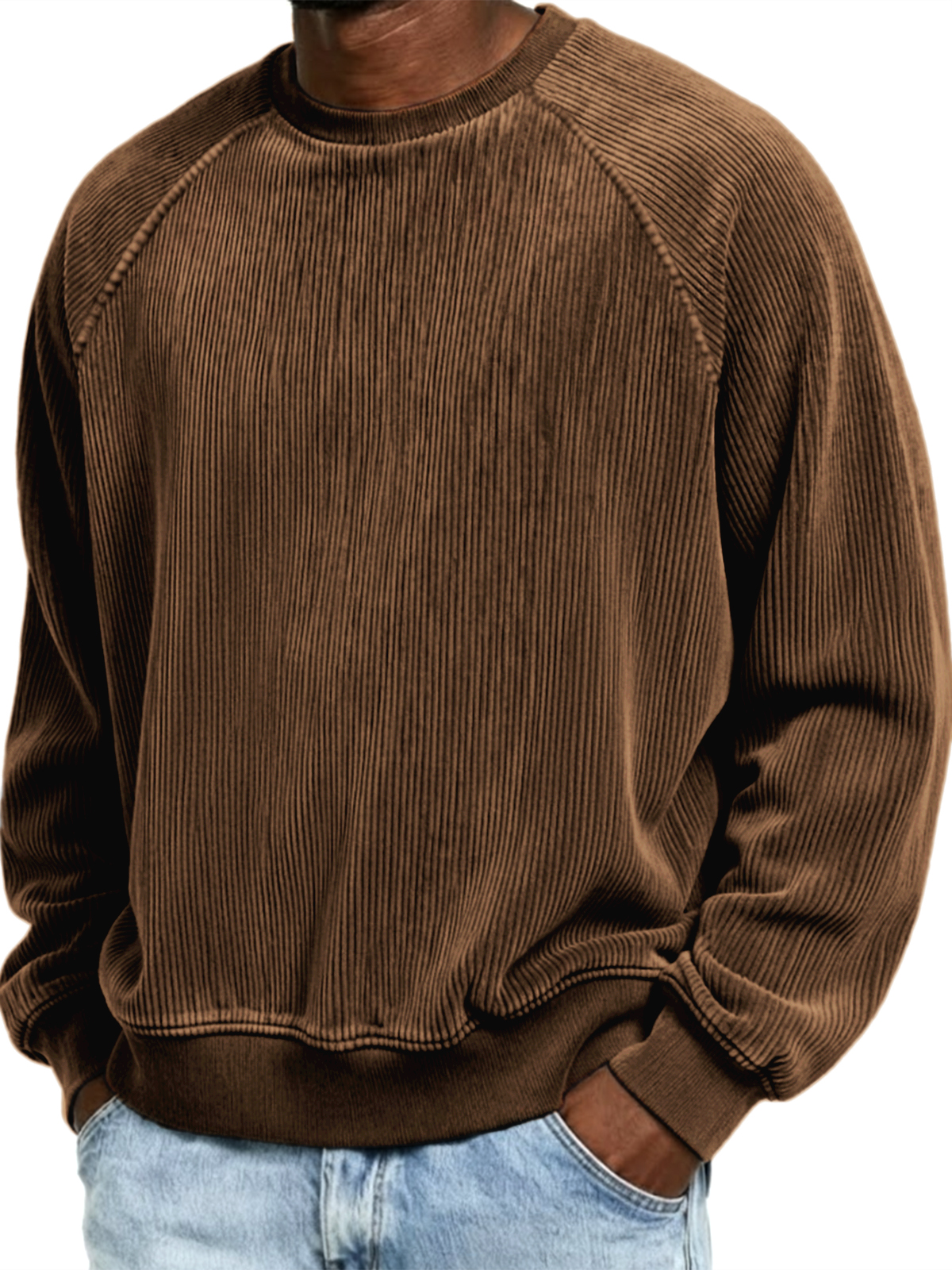 Men's Casual Corduroy Ribbed Raglan-Sleeve Crewneck Pullover Sweatshirt