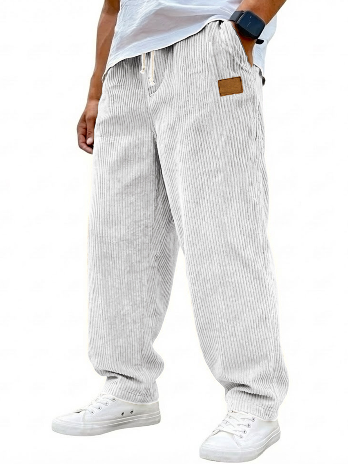 Men's Vintage Corduroy Casual Drawstring Trousers with Embroidered Label