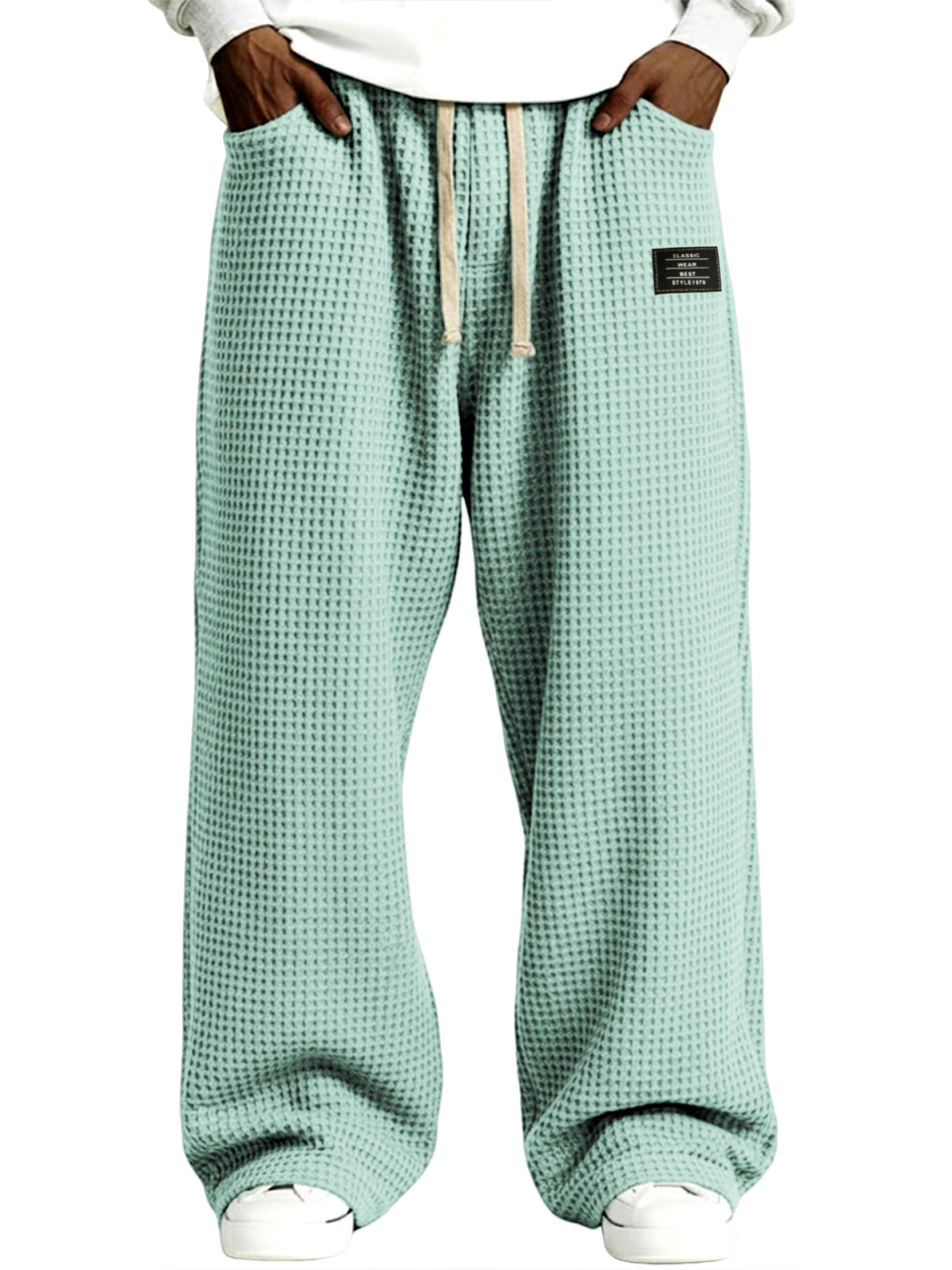Men's Casual Waffle-Knit Drawstring Pants with Embroidered Label