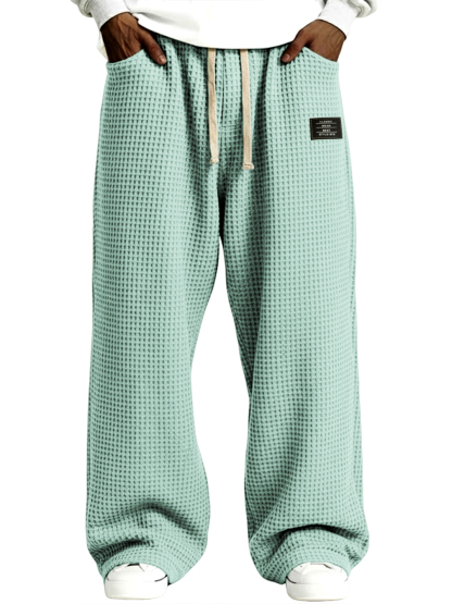 Men's Casual Waffle-Knit Drawstring Pants with Embroidered Label