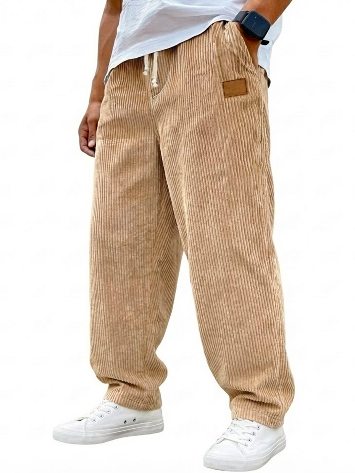 Men's Vintage Corduroy Casual Drawstring Trousers with Embroidered Label