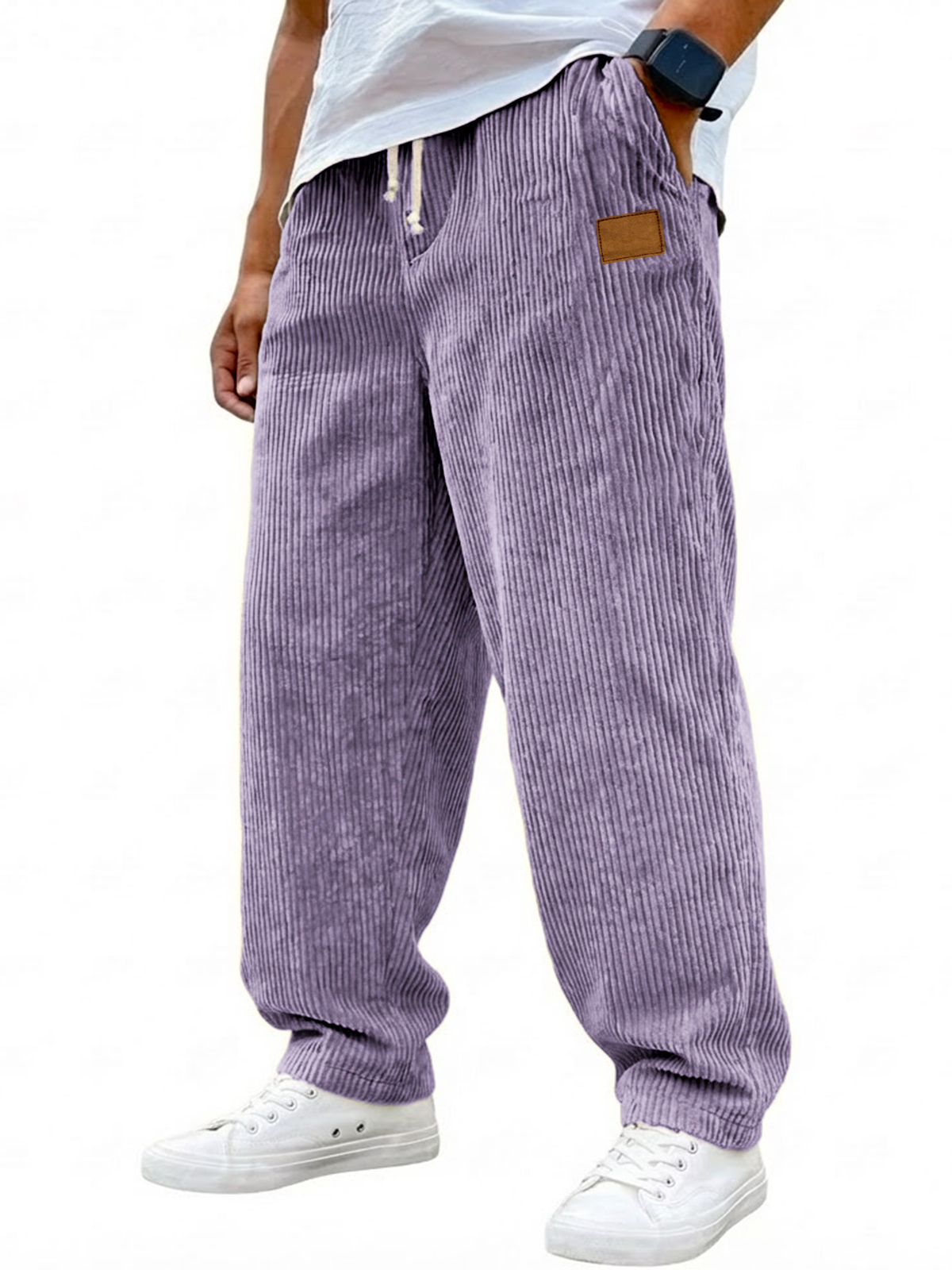 Men's Vintage Corduroy Casual Drawstring Trousers with Embroidered Label