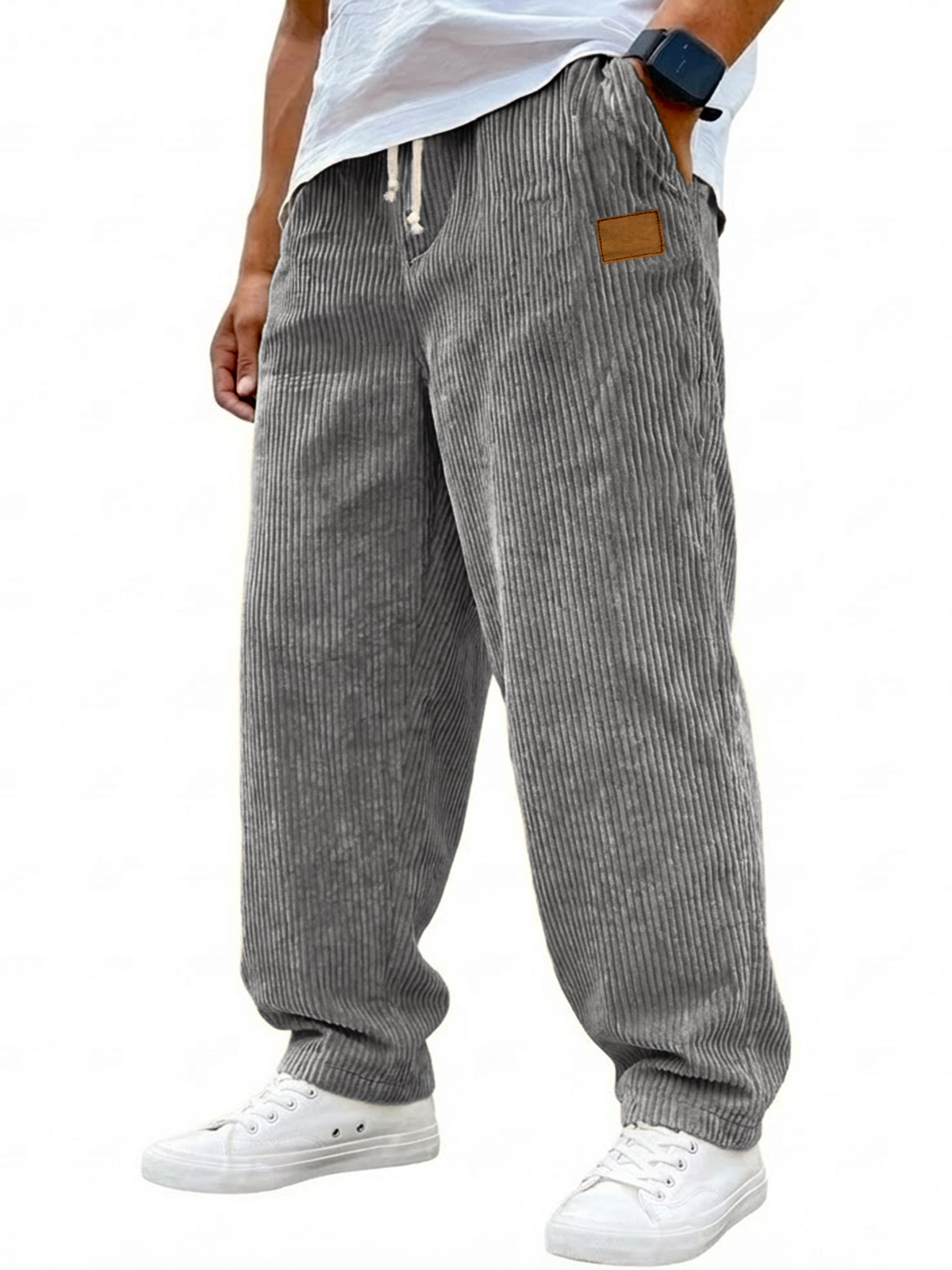 Men's Vintage Corduroy Casual Drawstring Trousers with Embroidered Label