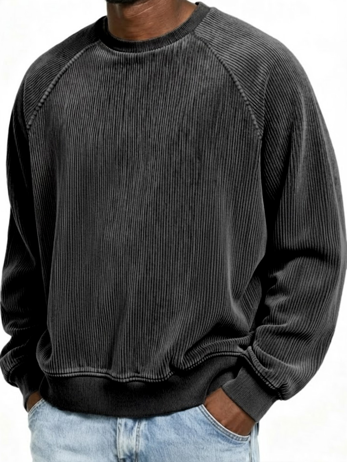Men's Casual Corduroy Ribbed Raglan-Sleeve Crewneck Pullover Sweatshirt