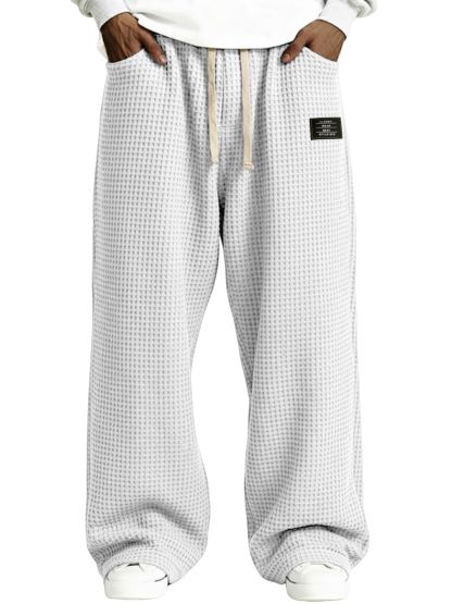Men's Casual Waffle-Knit Drawstring Pants with Embroidered Label