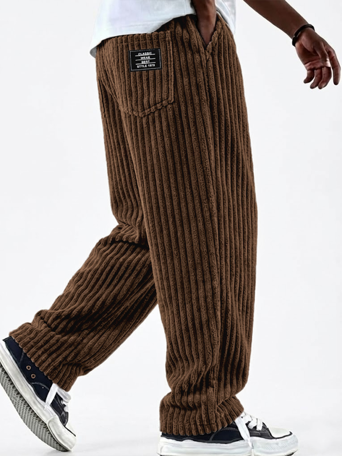 Men's Vintage Corduroy Textured Comfort Wide Striped Pants with Embroi