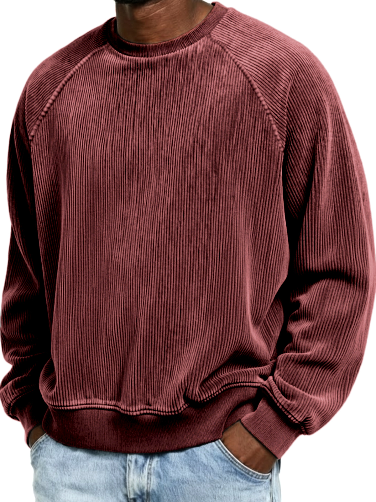 Men's Casual Corduroy Ribbed Raglan-Sleeve Crewneck Pullover Sweatshirt