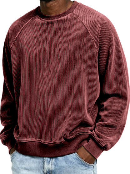 Men's Casual Corduroy Ribbed Raglan-Sleeve Crewneck Pullover Sweatshirt