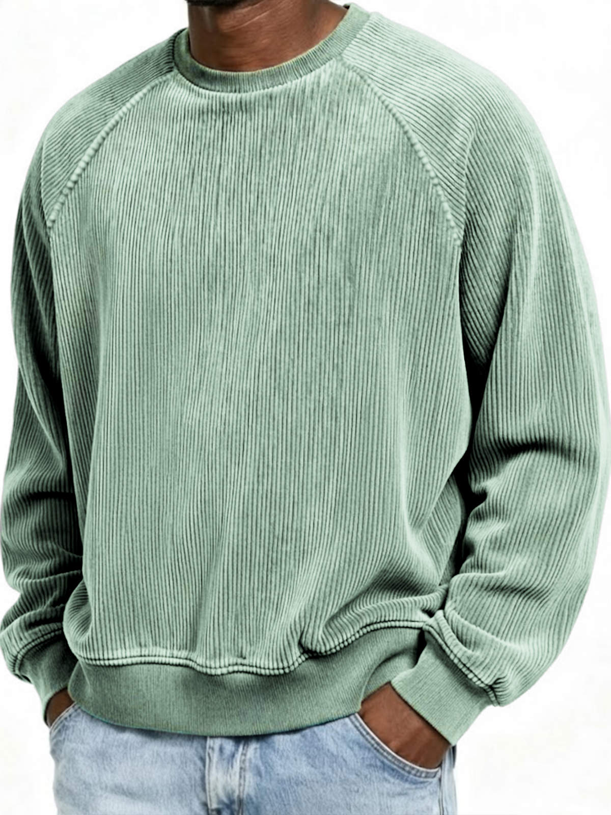 Men's Casual Corduroy Ribbed Raglan-Sleeve Crewneck Pullover Sweatshirt