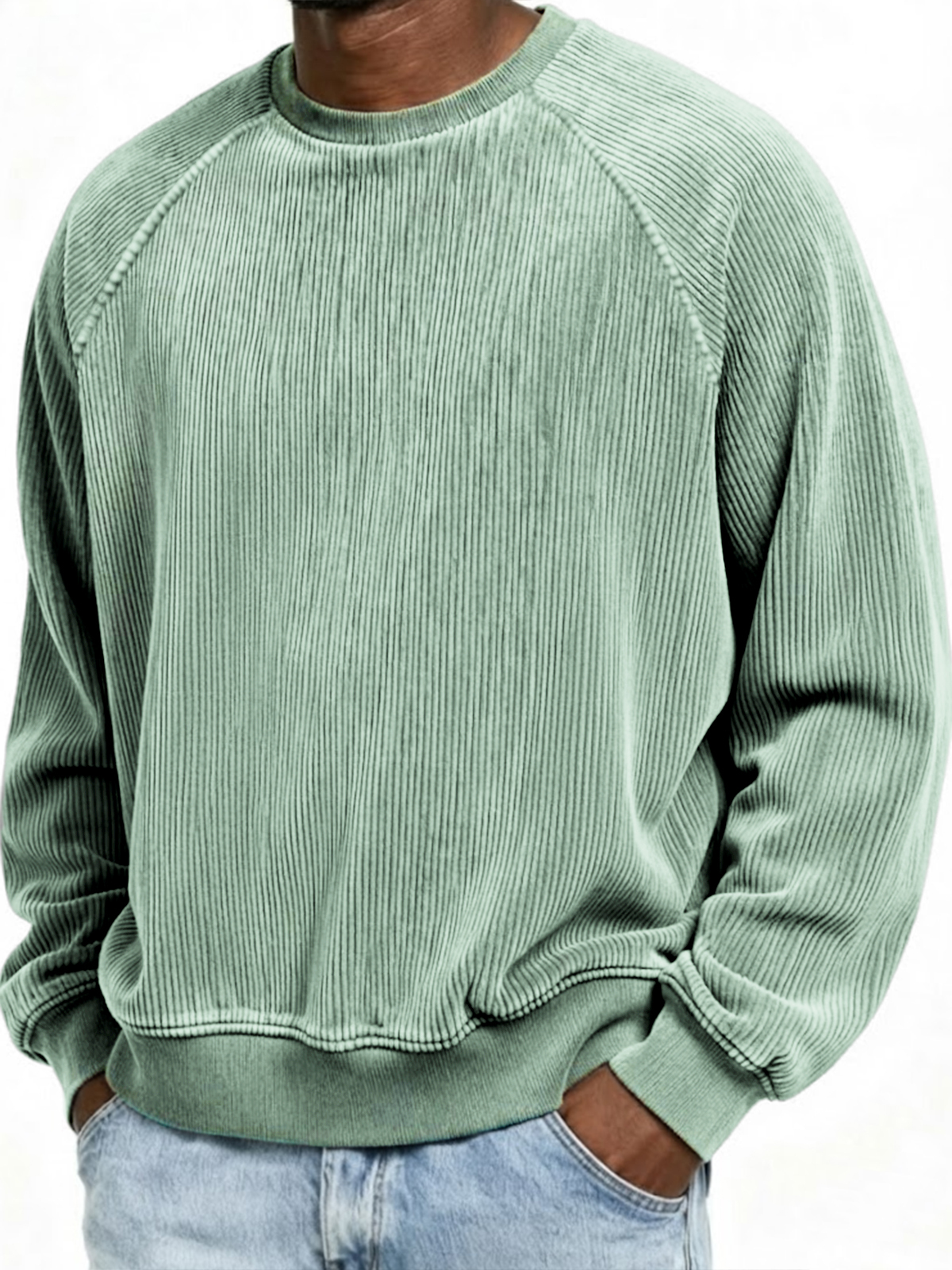 Men's Casual Corduroy Ribbed Raglan-Sleeve Crewneck Pullover Sweatshirt