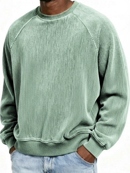 Men's Casual Corduroy Ribbed Raglan-Sleeve Crewneck Pullover Sweatshirt
