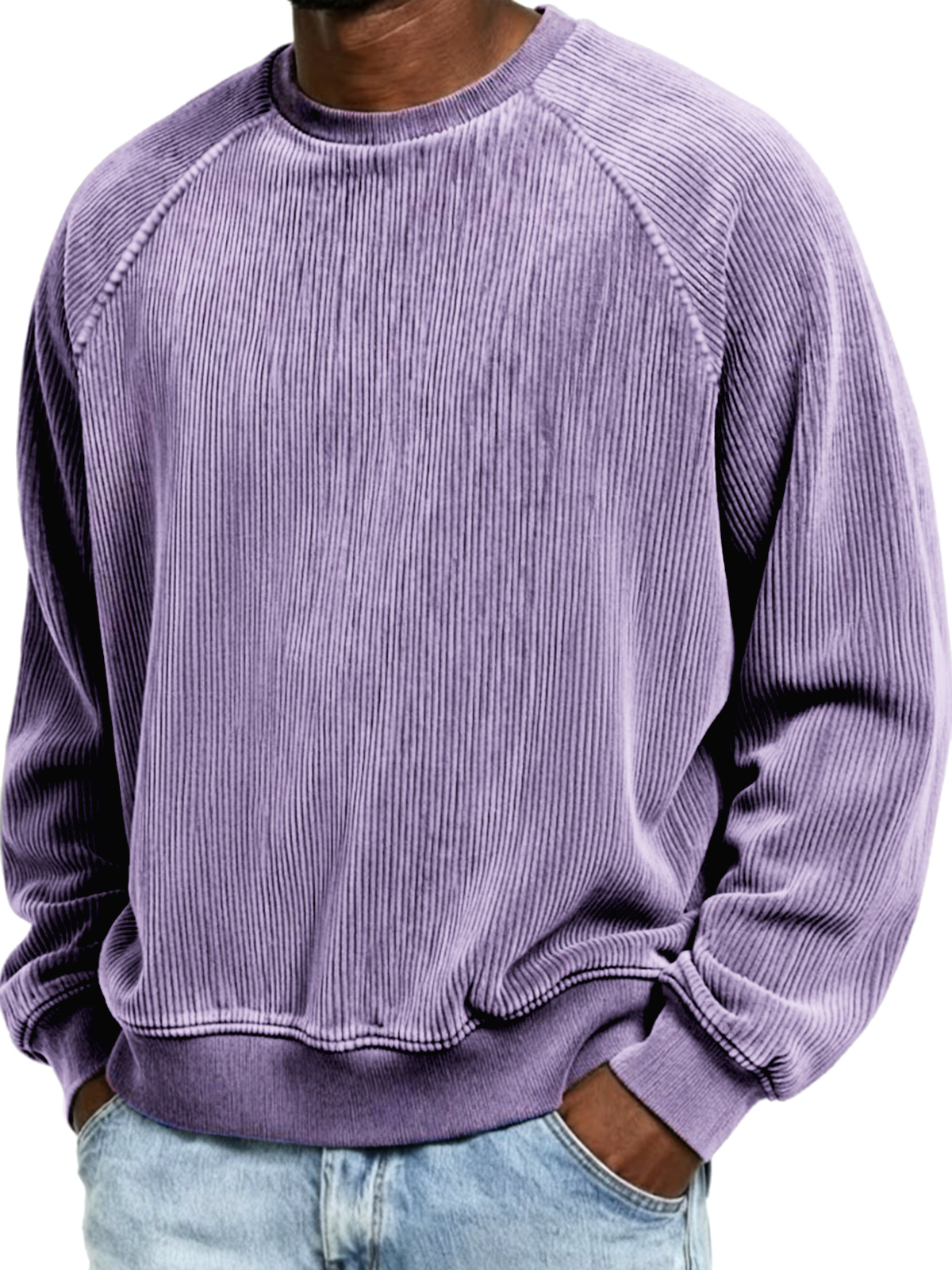 Men's Casual Corduroy Ribbed Raglan-Sleeve Crewneck Pullover Sweatshirt