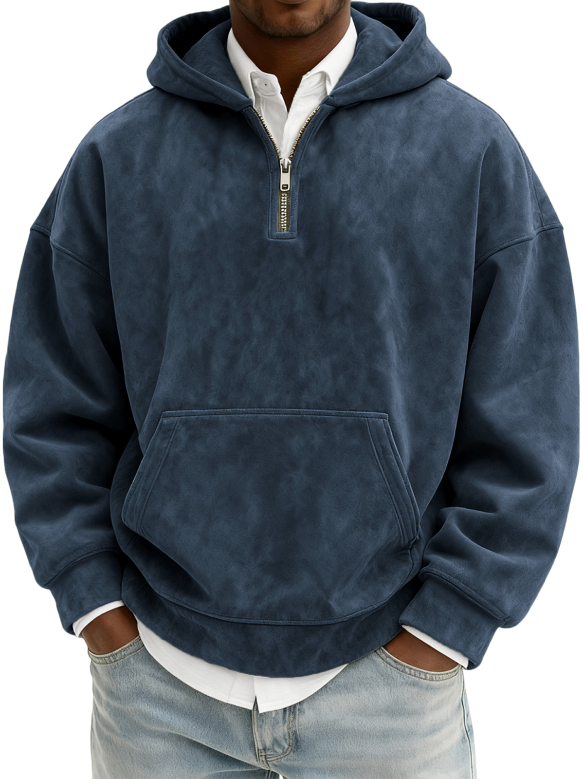Men's Vintage Suede Quarter-Zip Hooded Sweatshirt with Kangaroo Pocket