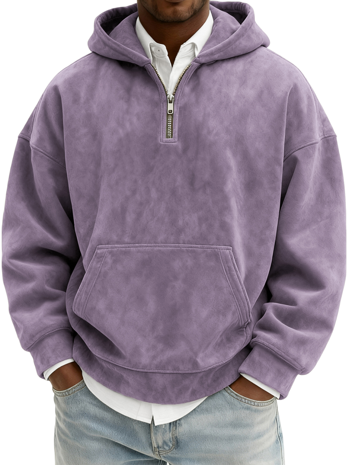Men's Vintage Suede Quarter-Zip Hooded Sweatshirt with Kangaroo Pocket