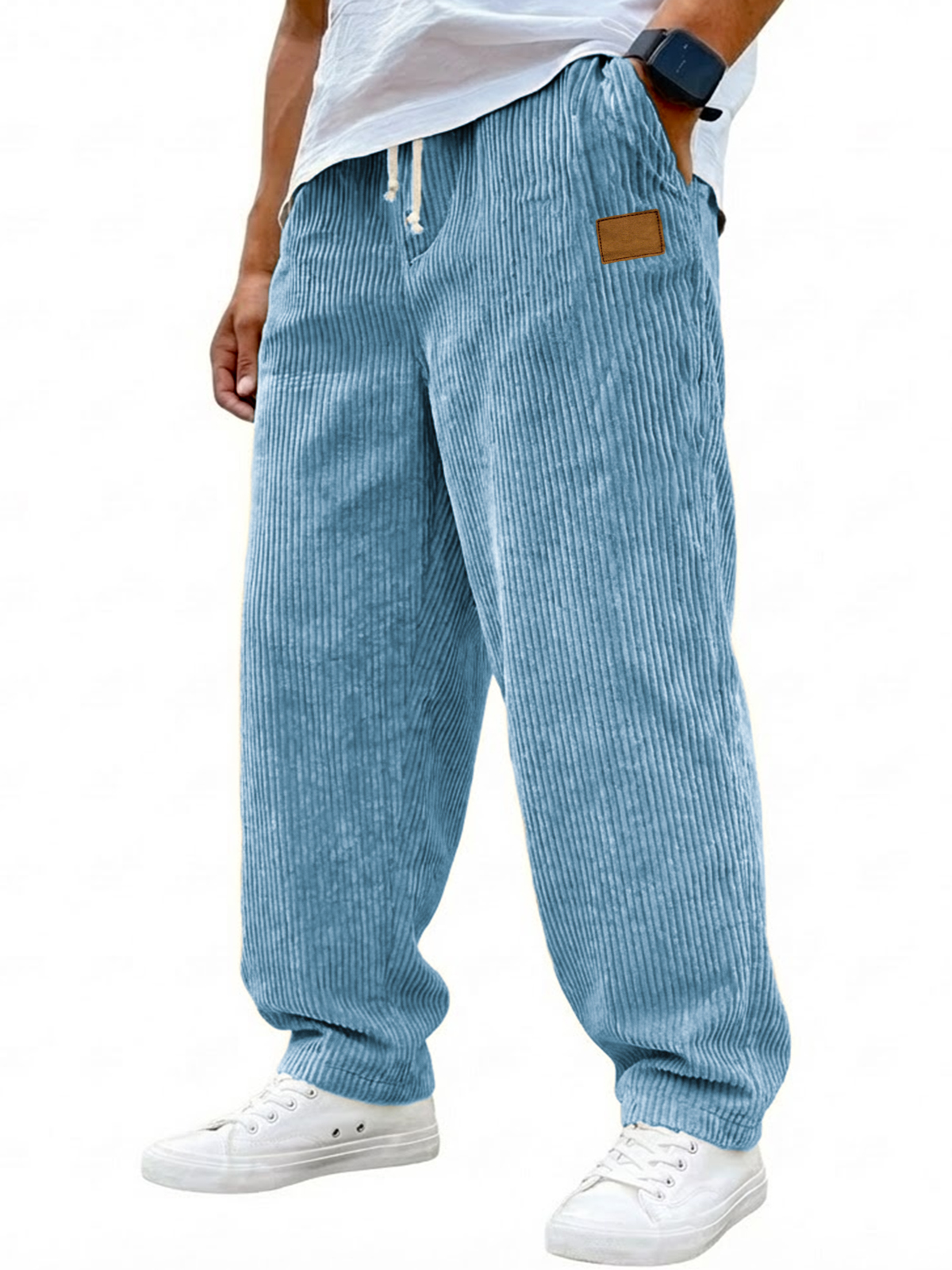 Men's Vintage Corduroy Casual Drawstring Trousers with Embroidered Label
