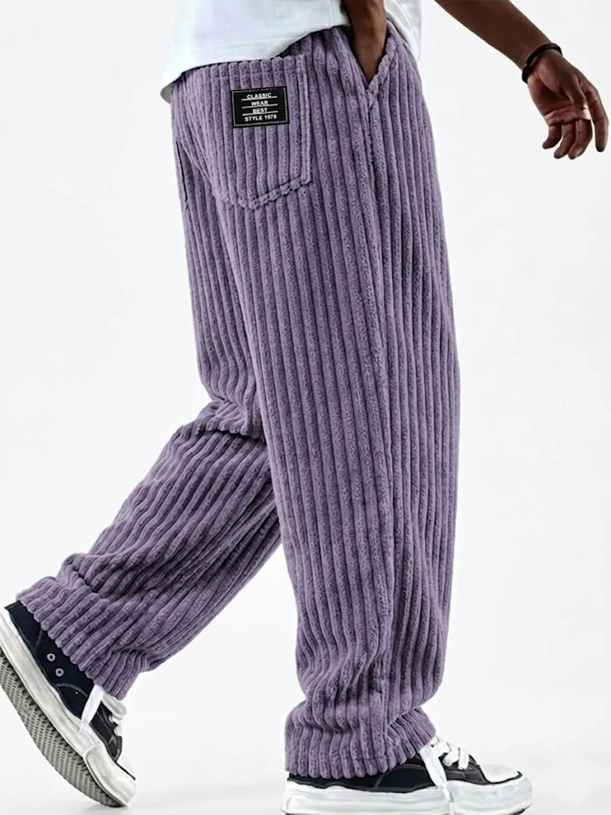 Men's Vintage Corduroy Comfort Wide-Leg Striped Pants with Minimalist Embroidered Labels