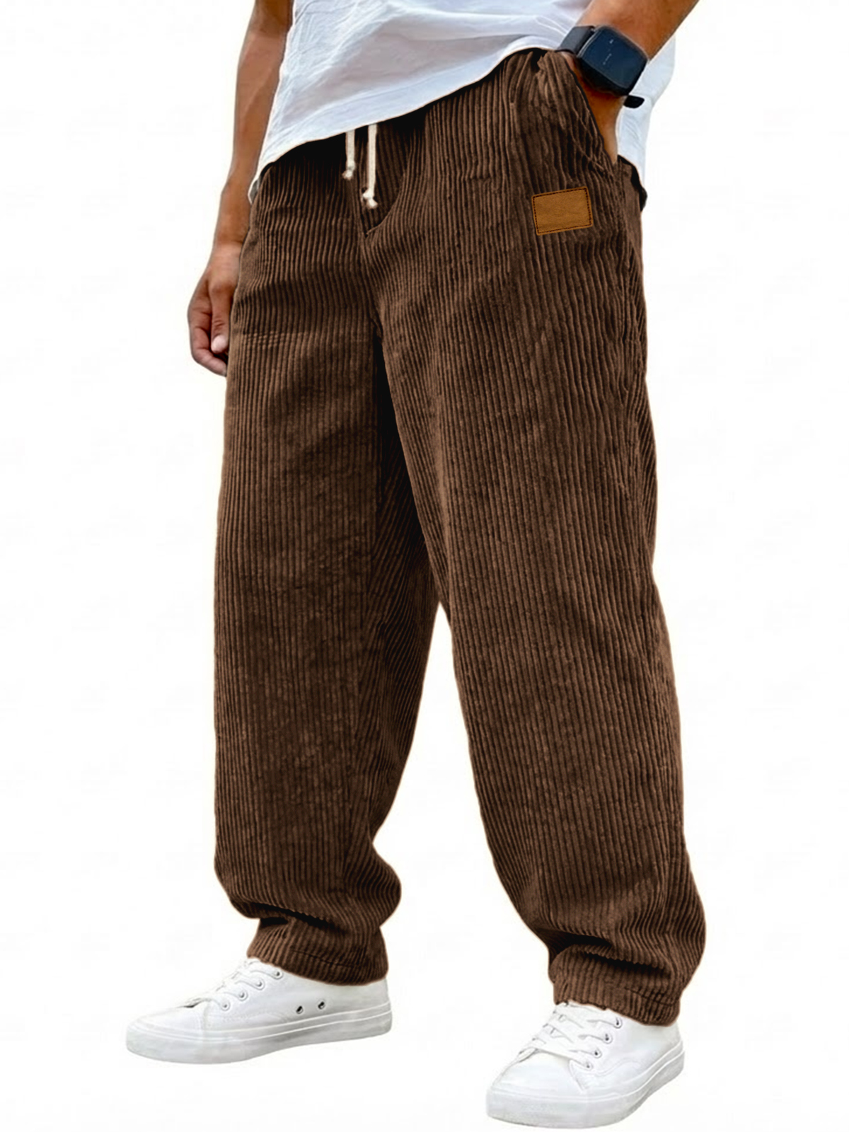 Men's Vintage Corduroy Casual Drawstring Trousers with Embroidered Label