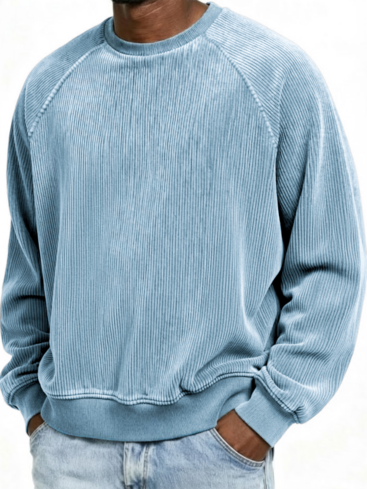 Men's Casual Corduroy Ribbed Raglan-Sleeve Crewneck Pullover Sweatshirt