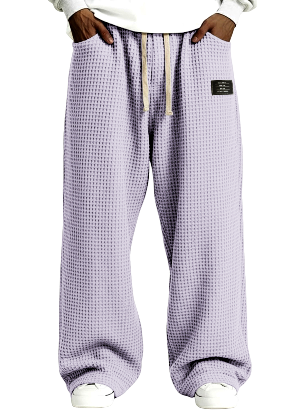Men's Casual Waffle-Knit Drawstring Pants with Embroidered Label