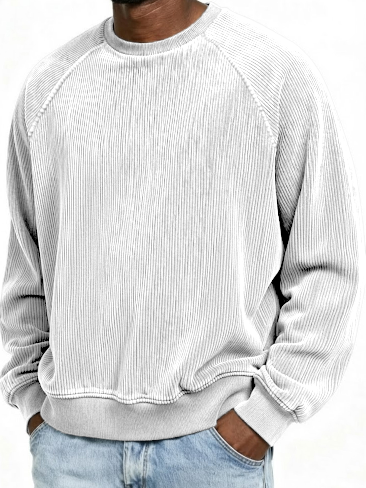 Men's Simple Corduroy Ribbed Raglan Sleeve Crew Neck Pullover Sweatshi