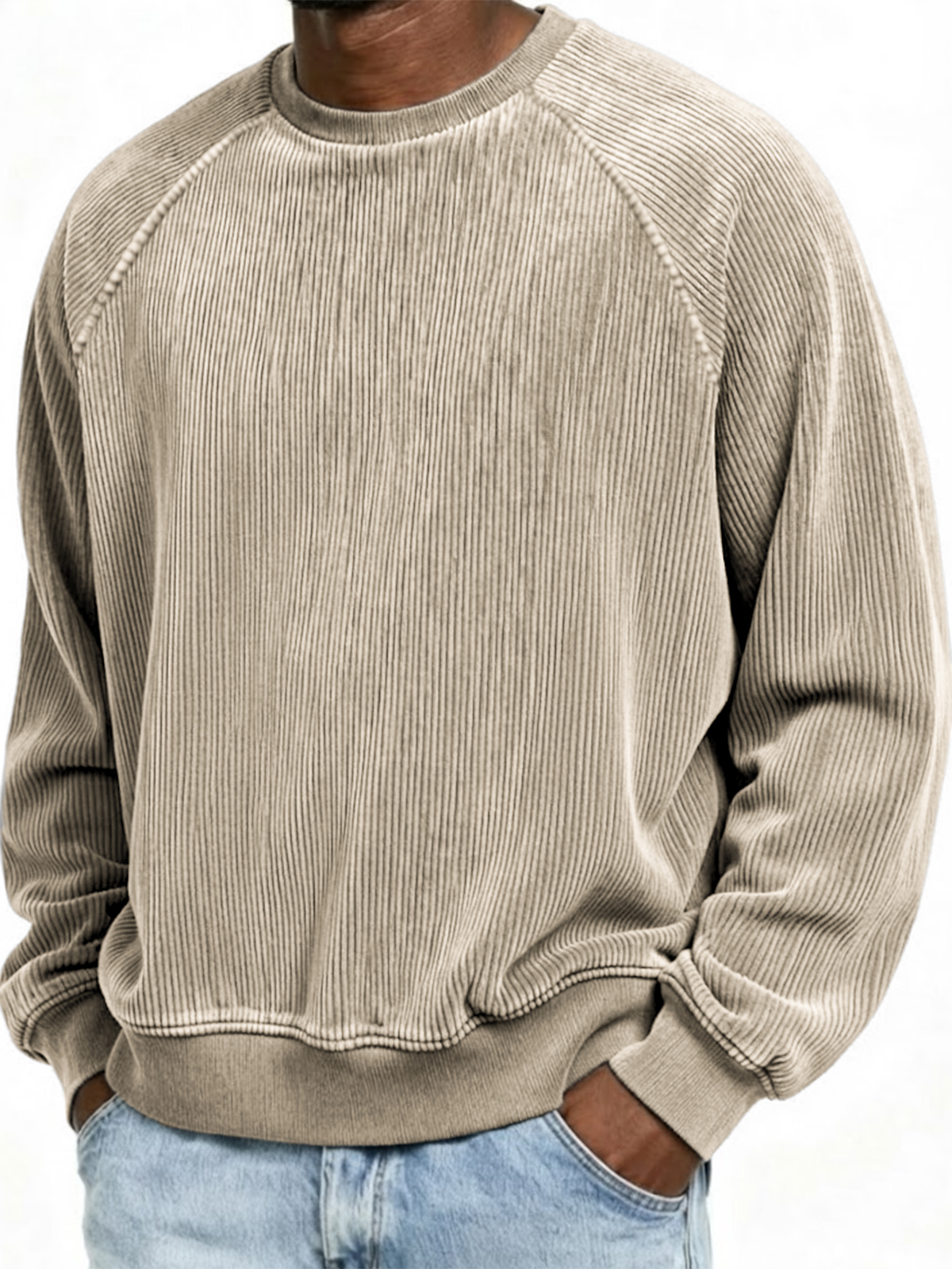 Men's Casual Corduroy Ribbed Raglan-Sleeve Crewneck Pullover Sweatshirt
