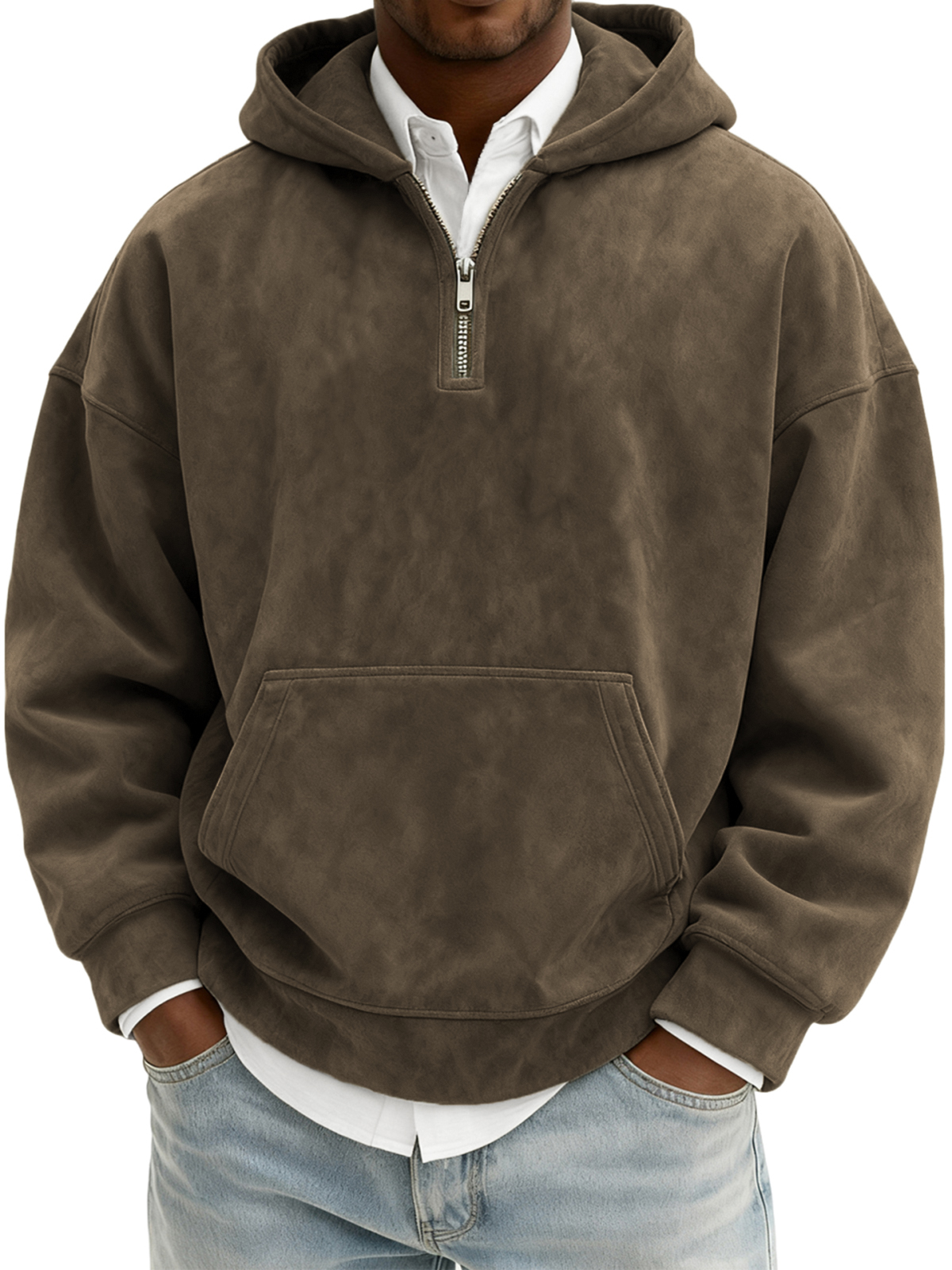 Men's Vintage Suede Quarter-Zip Hooded Sweatshirt with Kangaroo Pocket