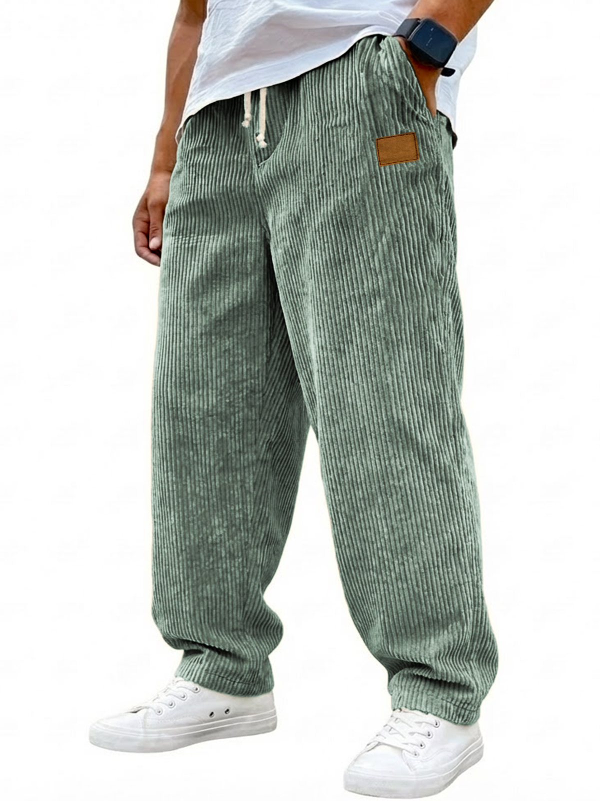 Men's Vintage Corduroy Casual Drawstring Trousers with Embroidered Label