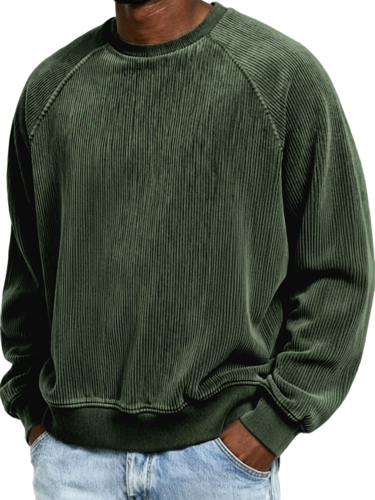 Men's Simple Corduroy Ribbed Raglan Sleeve Crew Neck Pullover Sweatshi
