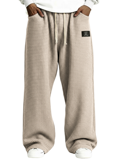 Men's Casual Waffle-Knit Drawstring Pants with Embroidered Label