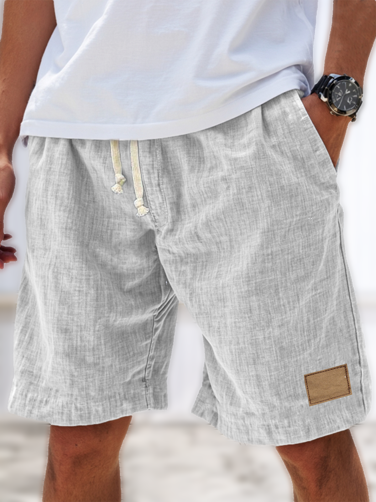 Men's Breathable Linen Loose Fit Embroidered Logo Casual Holiday Shorts