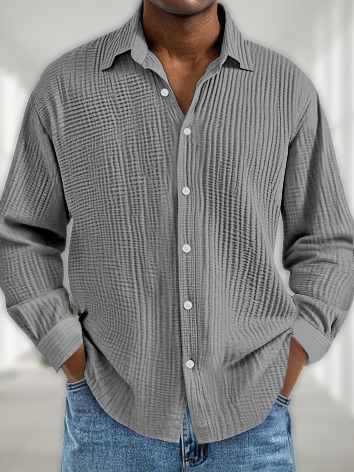 Men's Cotton Pleated Lapel Long Sleeve Casual Shirt