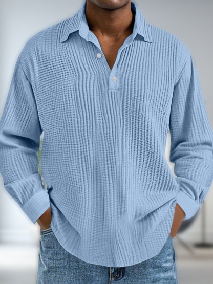 Men's Casual Daily Solid Color Pleated Texture Long-sleeved Lapel Polo Shirt