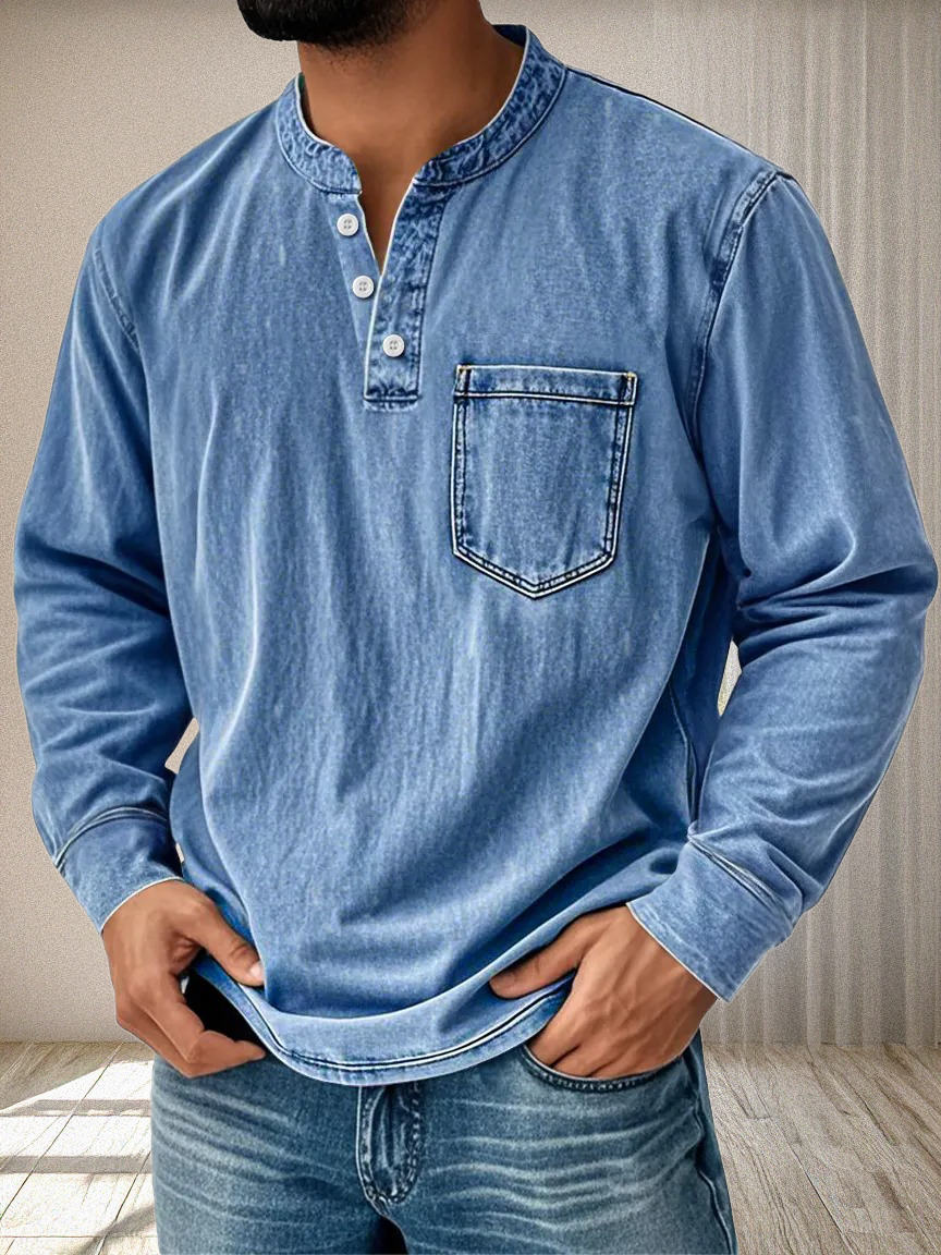Men's Vintage Stand Collar Pocket Distressed Long Sleeve Henley Shirt