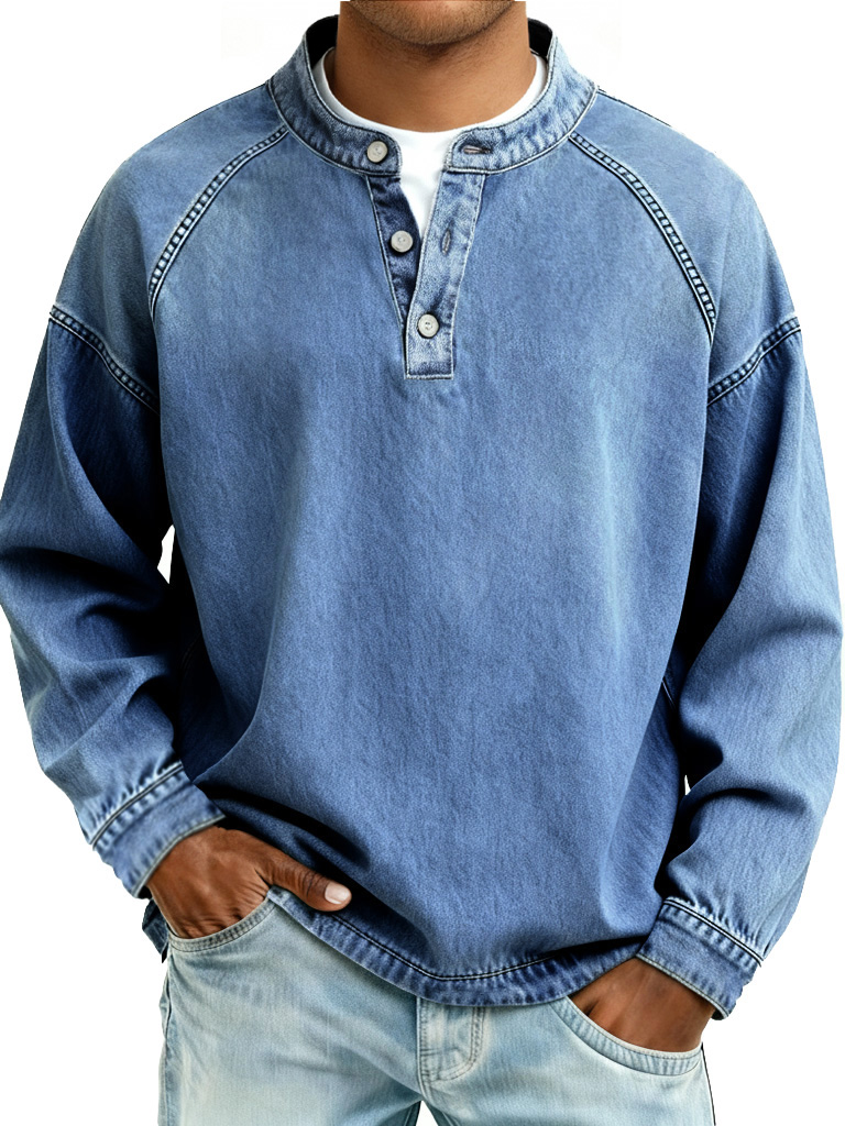 Men's Retro Distressed Stand-Collar Raglan-Sleeve Long-Sleeve Henley Shirt