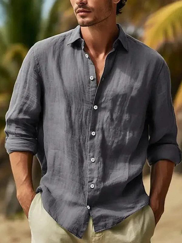 Men's Casual Linen Long Sleeve Button-Down Shirt
