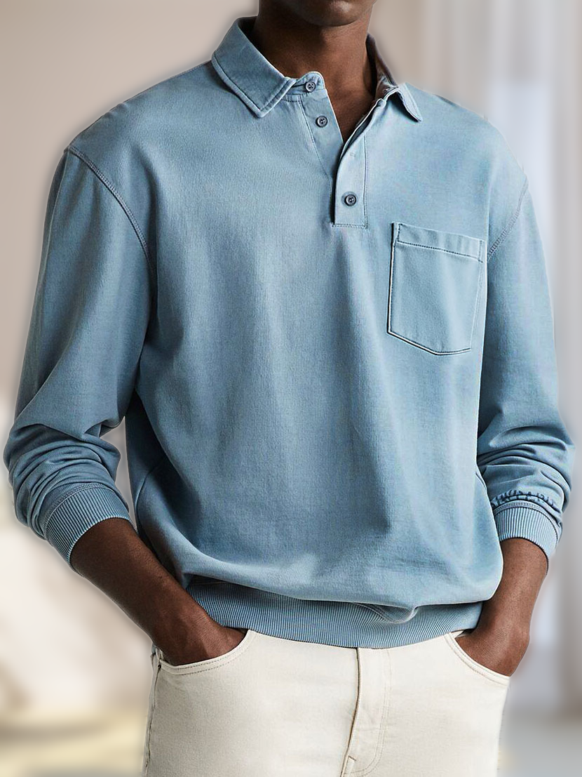 Men's Fashion Daily Casual Lapel Pocket Long Sleeve Loose Polo Shirt