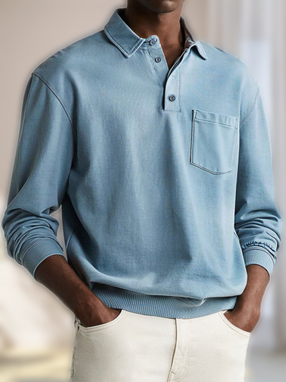 Men's Fashion Daily Casual Lapel Pocket Long Sleeve Loose Polo Shirt