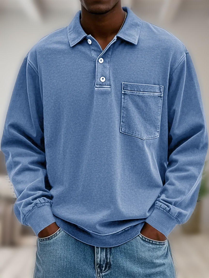 Men's Vintage Distressed Lapel Pocket Long Sleeve Polo Shirt