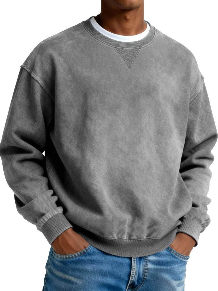 Men's Retro Distressed Crewneck Long-Sleeve Fleece Sweatshirt