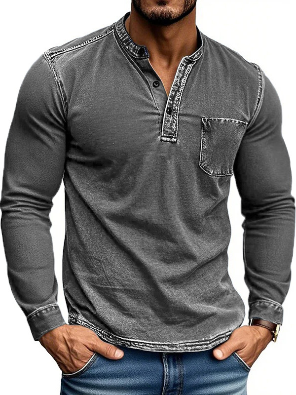 Men's Stylish Retro Outdoor Distressed Pocket Stand Collar Long-sleeved Henley Shirt 