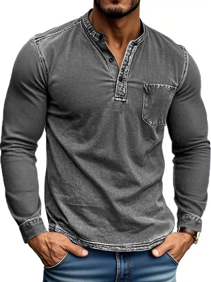 Men's Stylish Retro Outdoor Distressed Pocket Stand Collar Long-sleeved Henley Shirt 