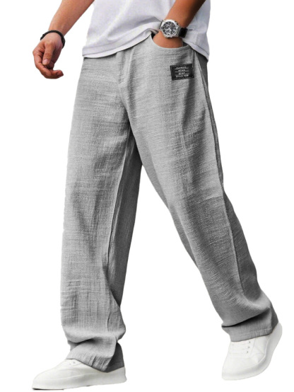 Men's Casual Hemp Trousers with Embroidered Logo, Drawstring Waist, and Pockets