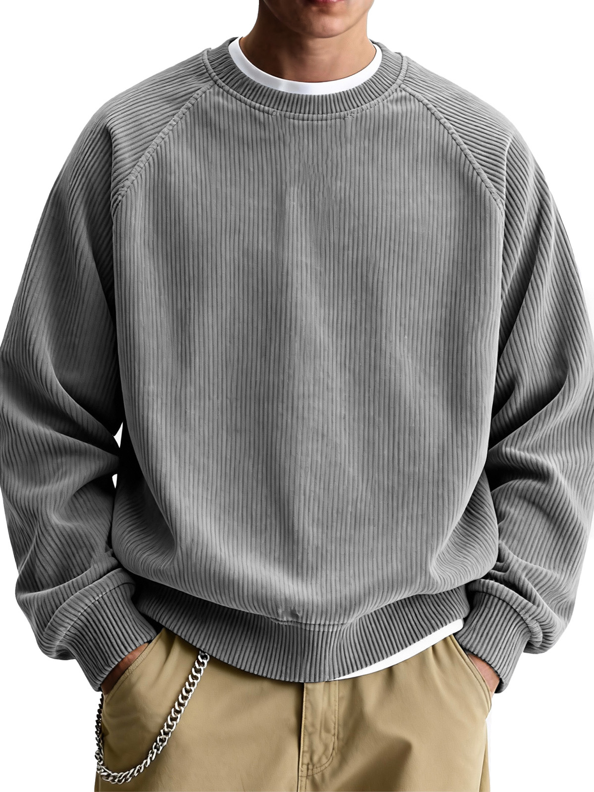 Men's Fashionable Casual Ribbed Fabric Raglan Neck Long-Sleeved Top
