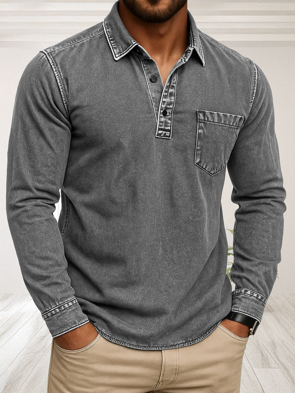 Men's Vintage-Inspired Outdoor Distressed Pocket Stand Collar Long Sleeve Polo Shirt