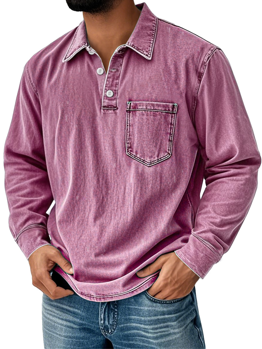 Men's Vintage Distressed Lapel Pocket Casual Long-sleeved Polo Shirt