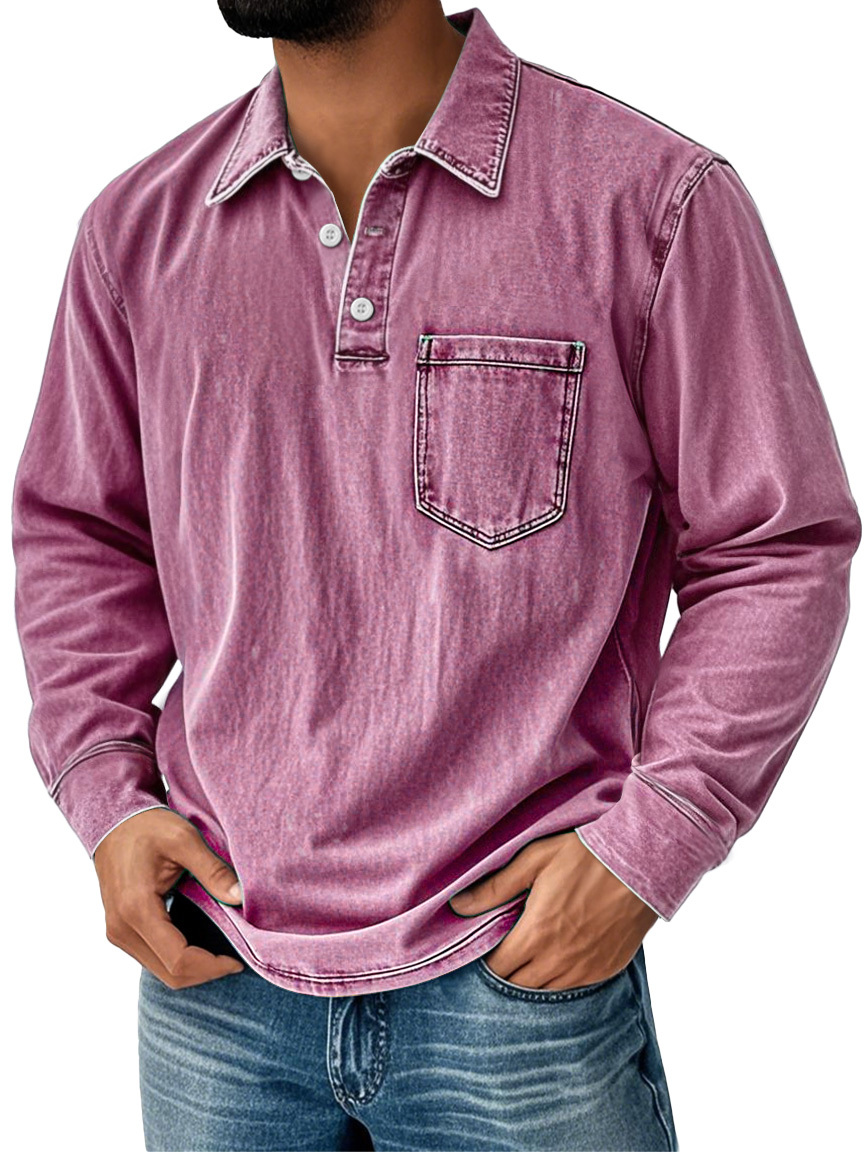 Men's Vintage Distressed Lapel Pocket Casual Long-sleeved Polo Shirt