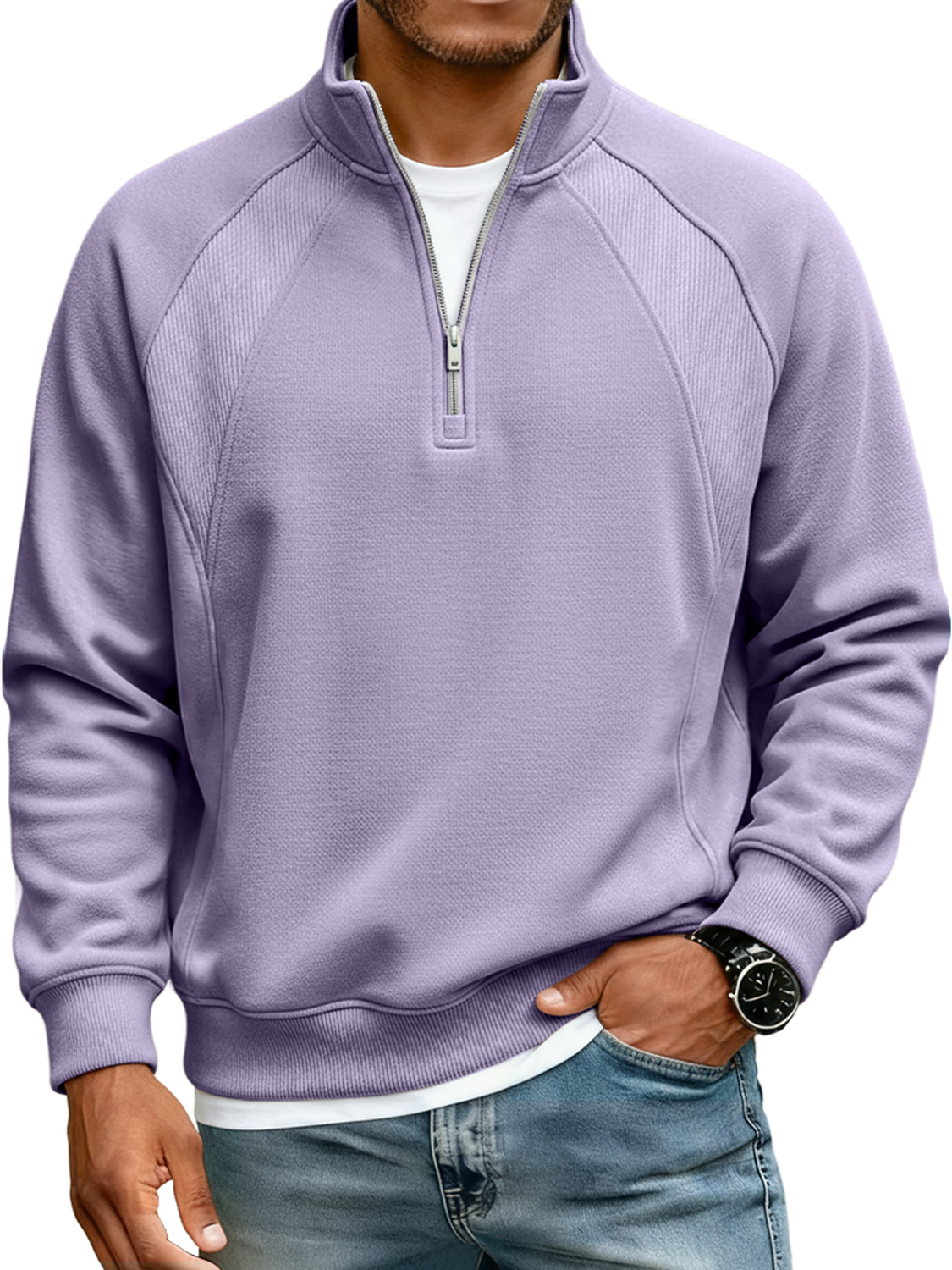 Men's Simple Raglan Stitching Stand Collar Zipper Casual Loose Sweatsh