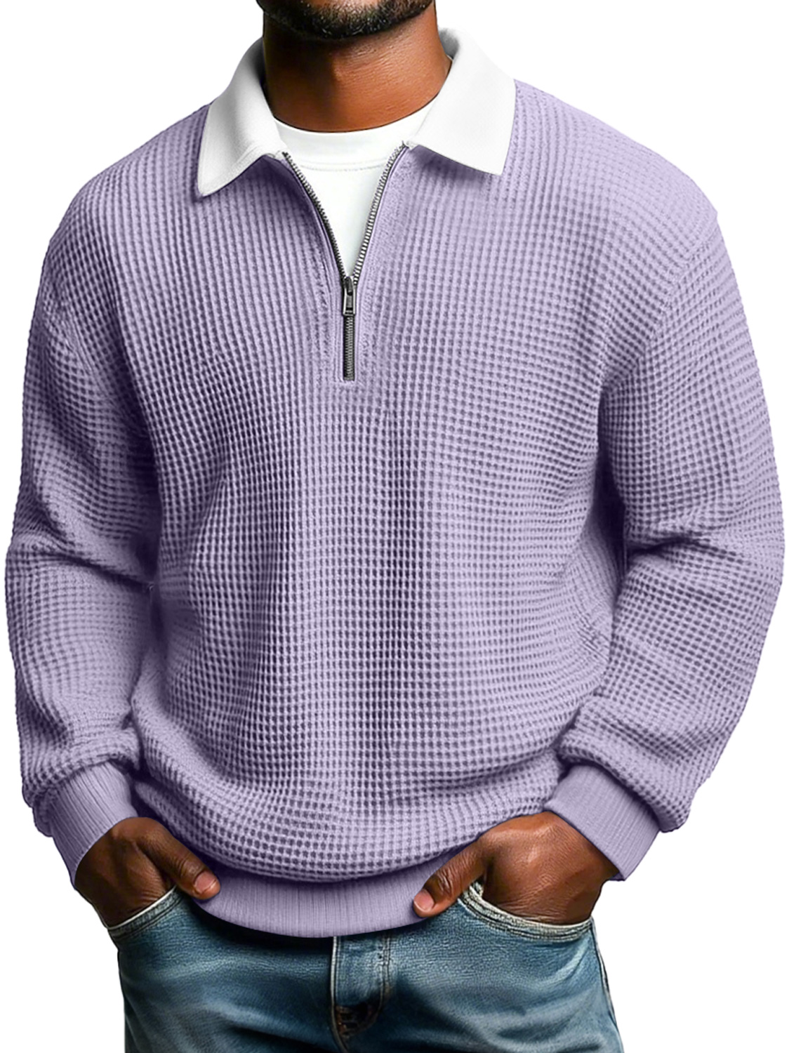 Men's Casual Loose-Fit Waffle-Knit Collared Zip-Up Long-Sleeve Polo Shirt
