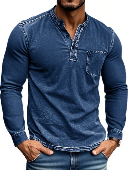 Men's Stylish Retro Outdoor Distressed Pocket Stand Collar Long-sleeved Henley Shirt 