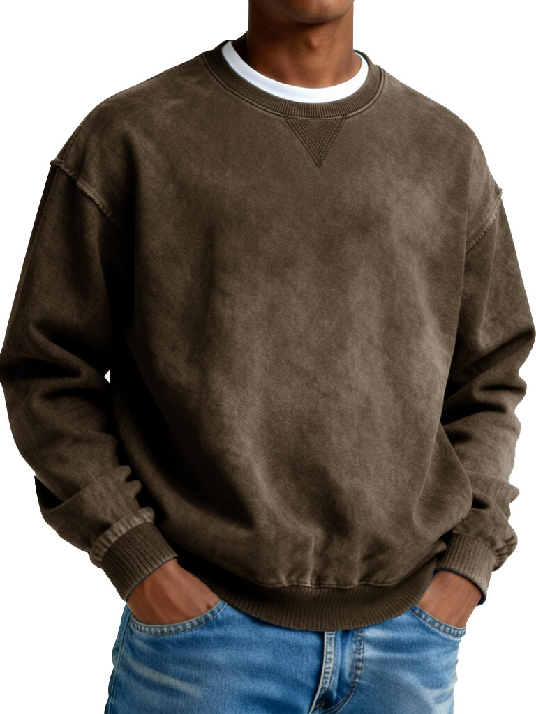 Men's Retro Distressed Crewneck Long-Sleeve Fleece Sweatshirt